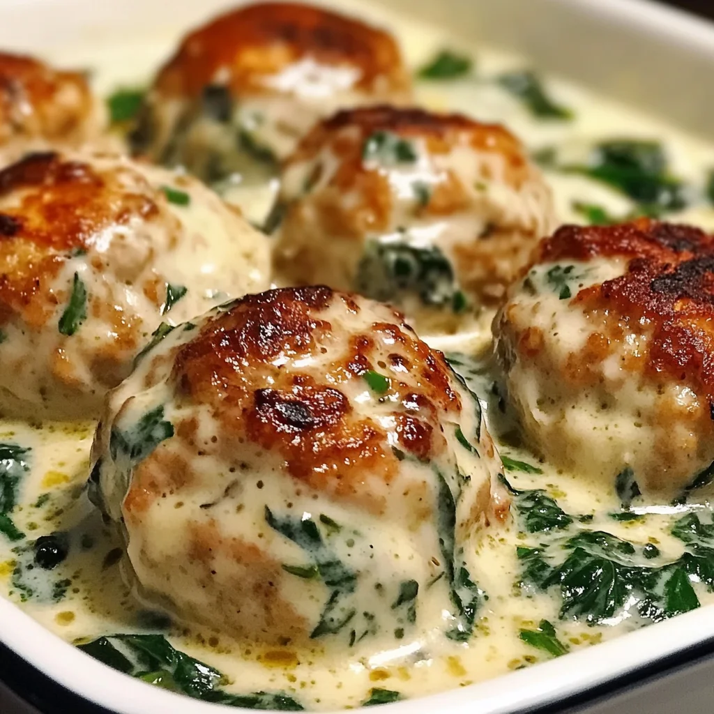 Baked Chicken Ricotta Meatballs with Spinach Alfredo Sauce