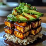 Crispy Teriyaki Tofu and Avocado Rice Stack