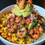 Grilled Shrimp Bowl with Avocado, Corn Salsa & Creamy Sauce