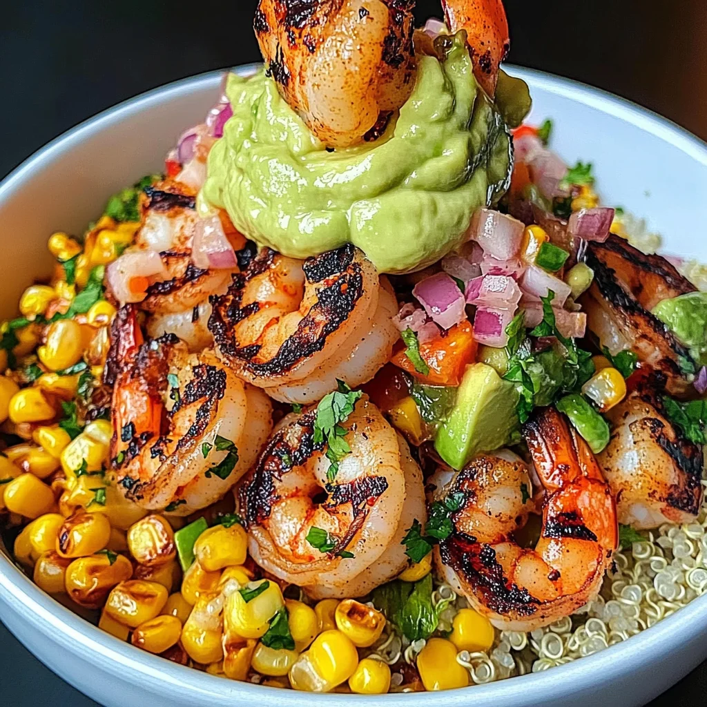 Grilled Shrimp Bowl with Avocado, Corn Salsa & Creamy Sauce