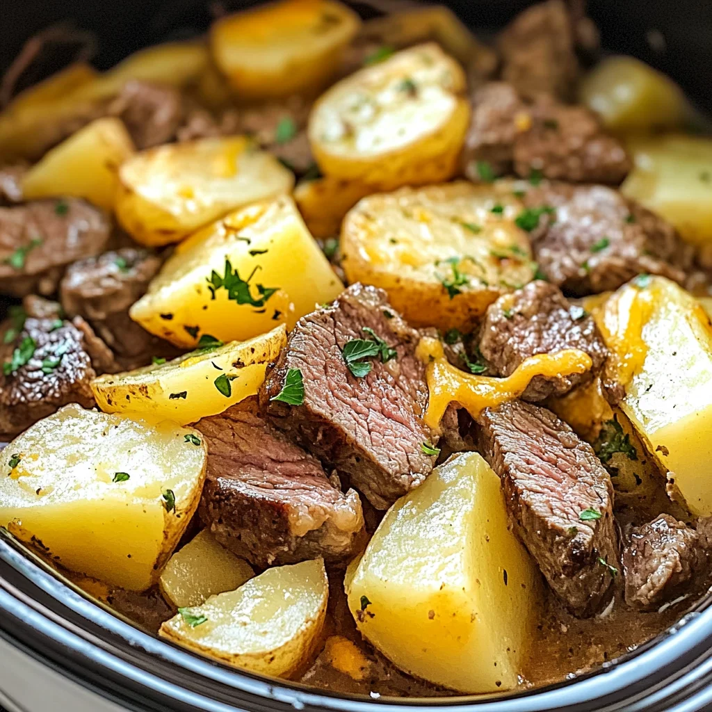Slow Cooker Steak and Cheddar Potato Casserole