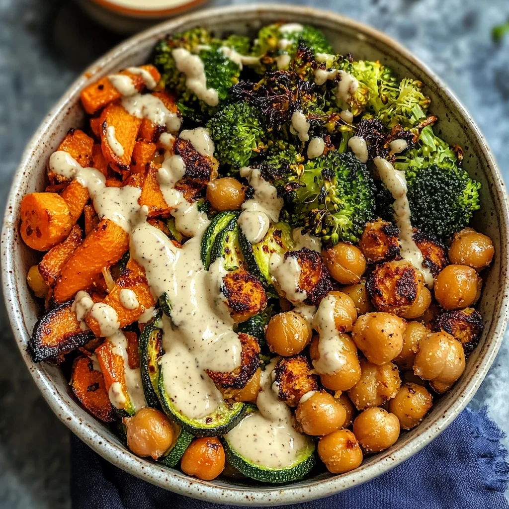 Roasted Veggie Chickpea Bowls with Maple Dijon Tahini Dressing