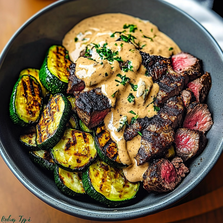 Irresistible Grilled Steak Bowl with Creamy Sauce & Zucchini