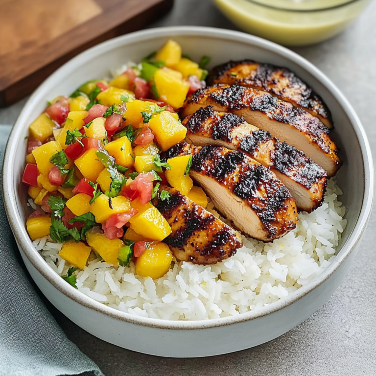 Irresistible Jerk Chicken Bowls with Mango Salsa & Coconu…