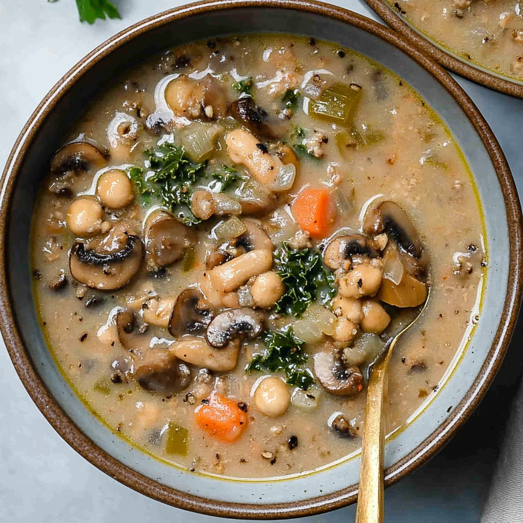 Irresistible Wild Mushroom, Caramelized Onion & Kale Soup