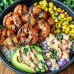 Grilled Shrimp Bowl with Avocado, Corn Salsa & Creamy Garlic Sauce