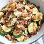 Zucchini with Sun Dried Tomatoes, Bacon, and Crispy Onions
