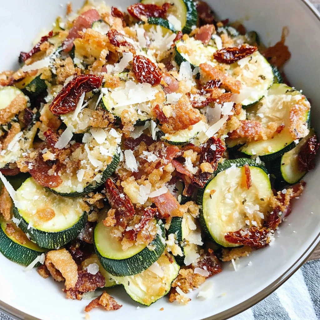 Zucchini with Sun Dried Tomatoes, Bacon, and Crispy Onions
