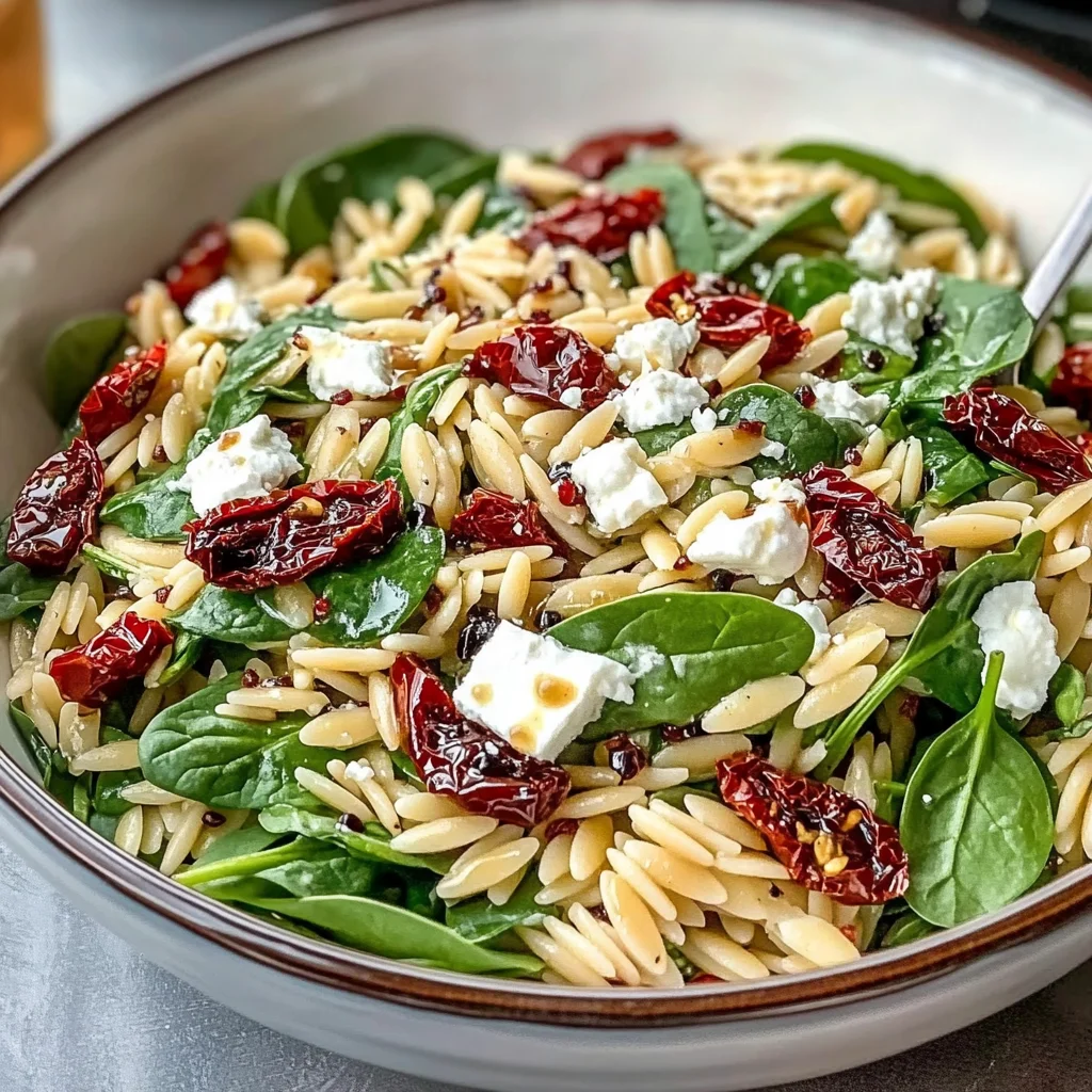 Balsamic Orzo Salad with Spinach, Feta & Sundried Tomatoes - FlirtyFood