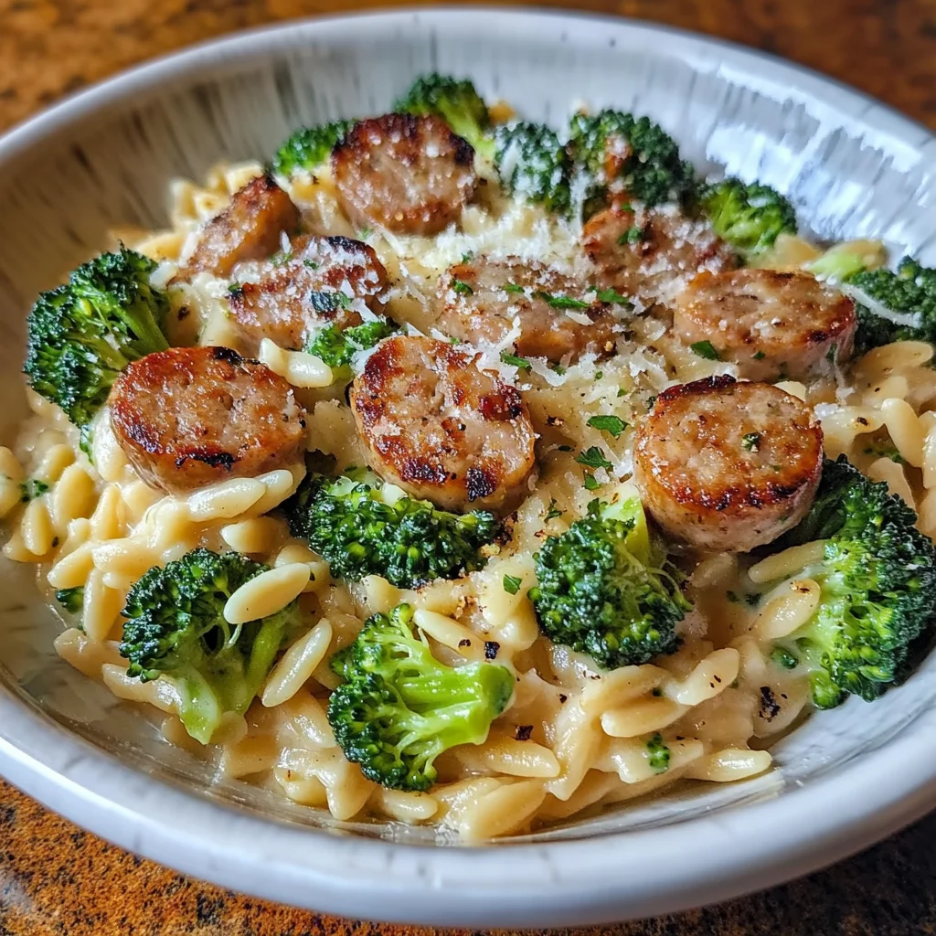 Creamy Chicken Sausage Orzo with Broccoli is 30 Easy Quick.