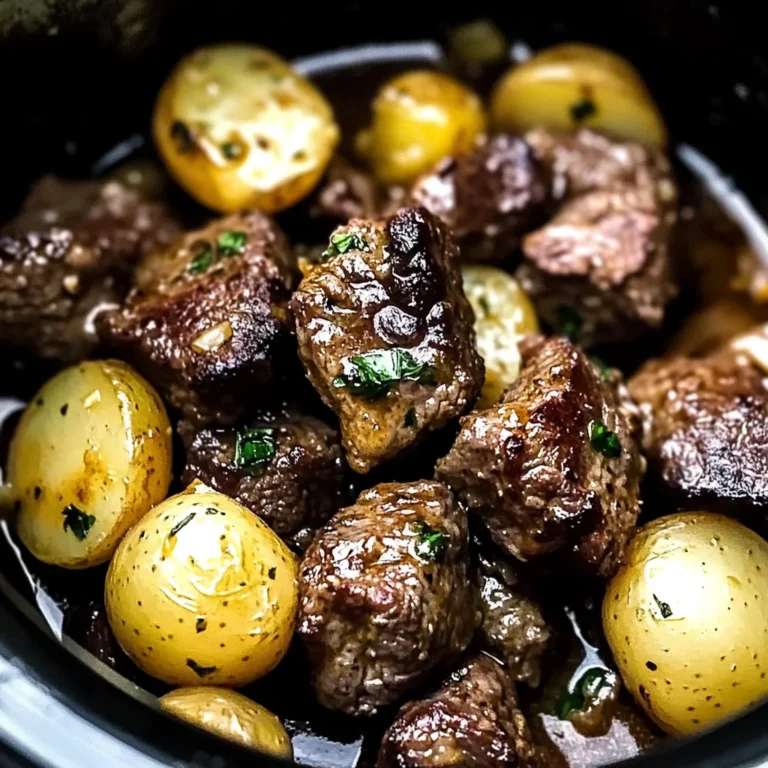 crockpot garlic butter beef bites with potatoes